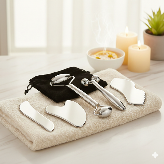 The Sculpt & Soothe Ritual Set – 6-Piece Cryo-Therapy & Stainless Steel Gua Sha Collection