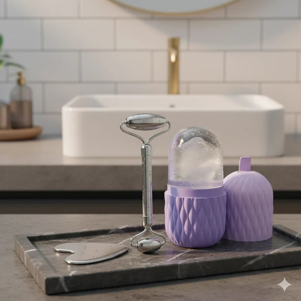 Ice Face Roller & Stainless Steel Gua Sha Set – 2-in-1 Facial Massager Kit for Natural Lifting, Contouring, and Depuffing - Gloow Lady