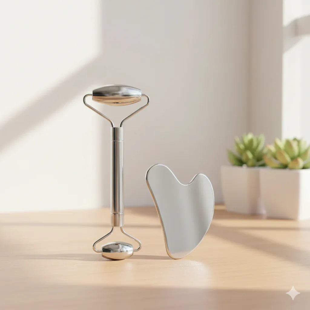 The Sculpt & Soothe Ritual Set – 6-Piece Cryo-Therapy & Stainless Steel Gua Sha Collection - Gloow Lady