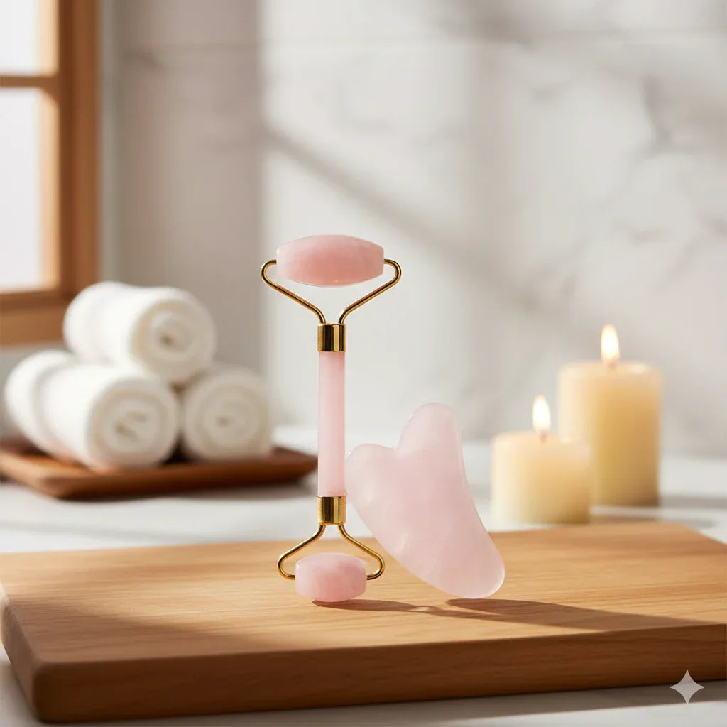 Natural Rose Quartz Face Roller & Gua Sha Set: Professional Skin & Neck Care - Gloow Lady