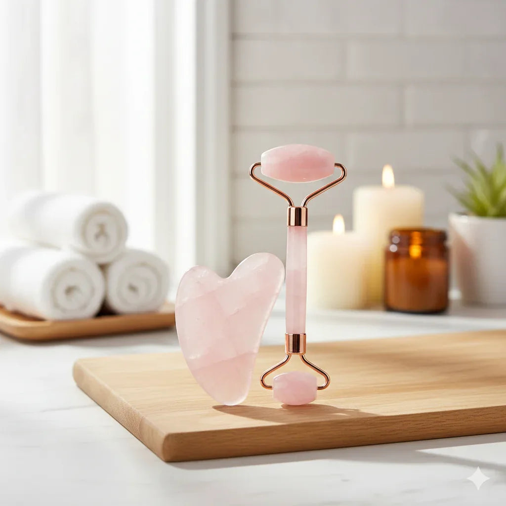 Natural Rose Quartz Face Roller & Gua Sha Set: Professional Skin & Neck Care - Gloow Lady