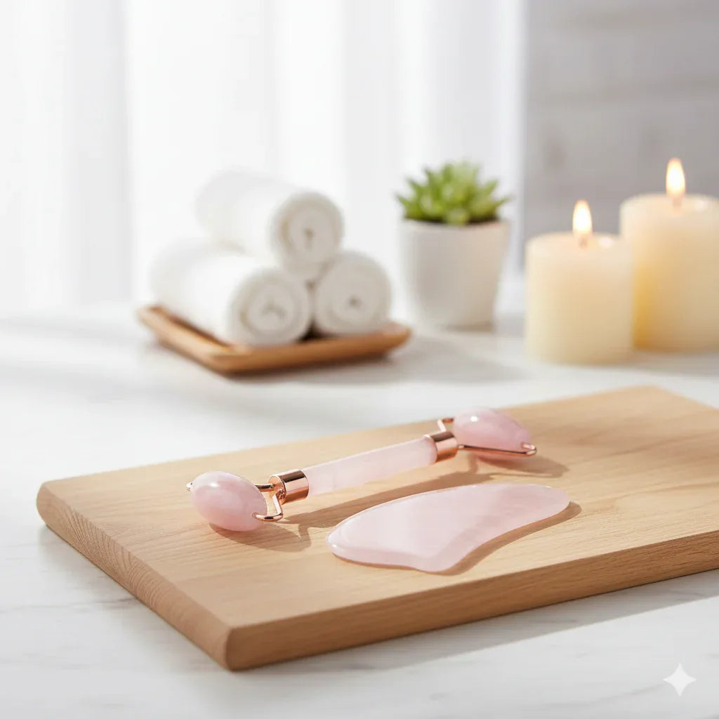 Natural Rose Quartz Face Roller & Gua Sha Set: Professional Skin & Neck Care - Gloow Lady