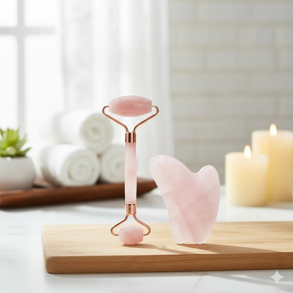 Natural Rose Quartz Face Roller & Gua Sha Set: Professional Skin & Neck Care - Gloow Lady