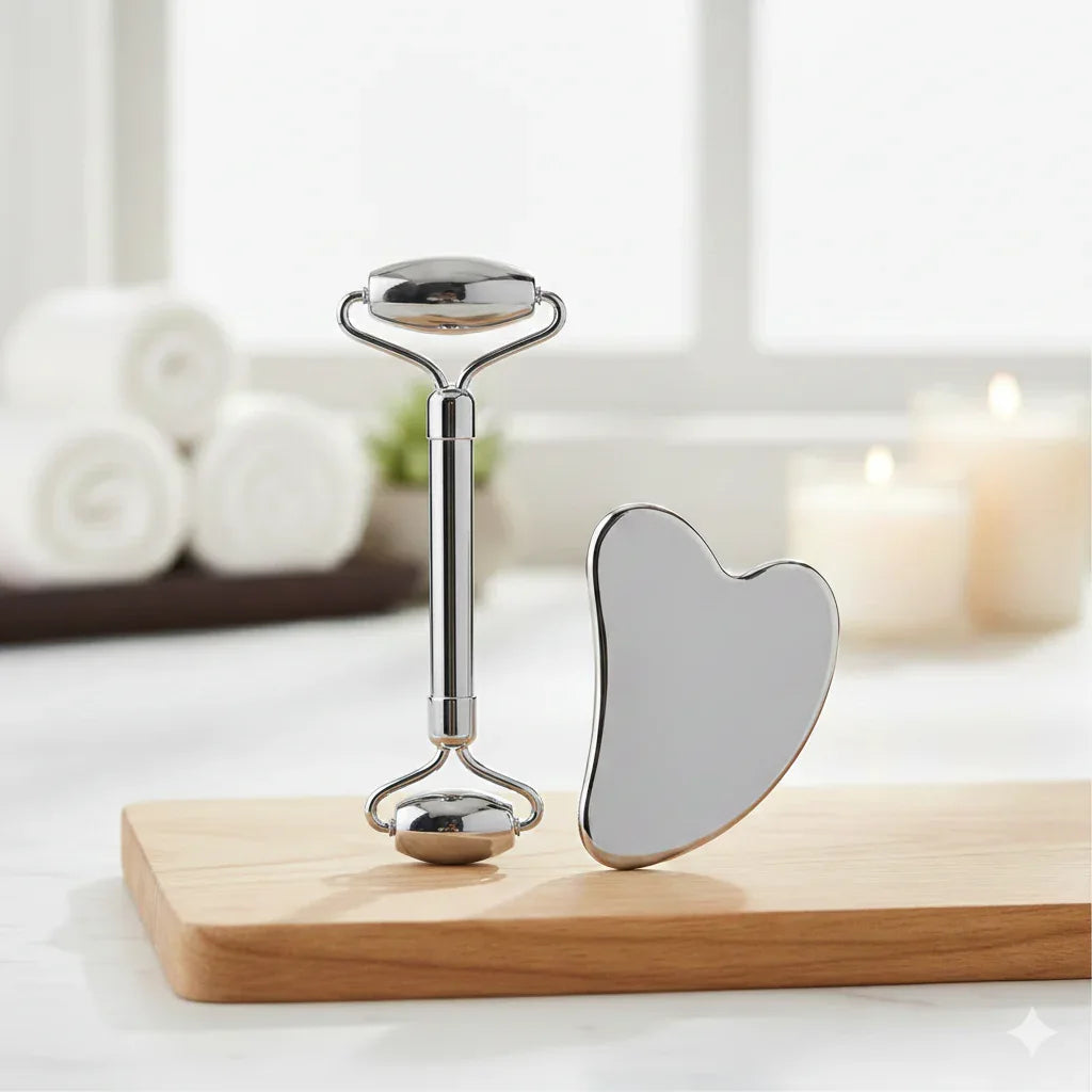 Stainless Steel Facial Roller & Gua Sha Set | Lymphatic Drainage Tool - Gloow Lady