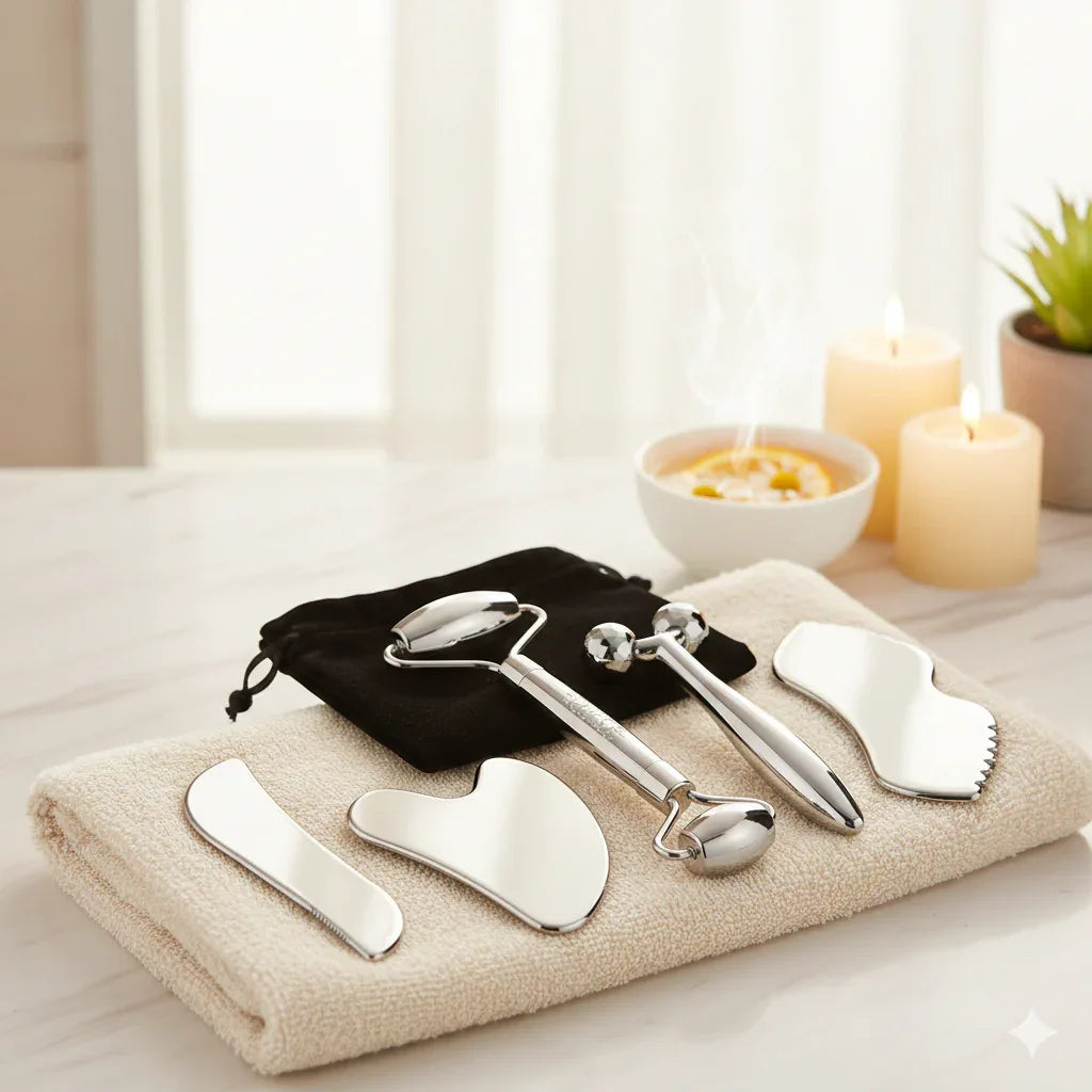 The Sculpt & Soothe Ritual Set – 6-Piece Cryo-Therapy & Stainless Steel Gua Sha Collection - Gloow Lady