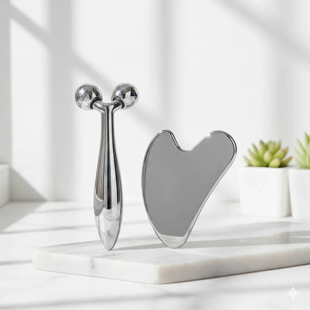 The Sculpt & Soothe Ritual Set – 6-Piece Cryo-Therapy & Stainless Steel Gua Sha Collection - Gloow Lady