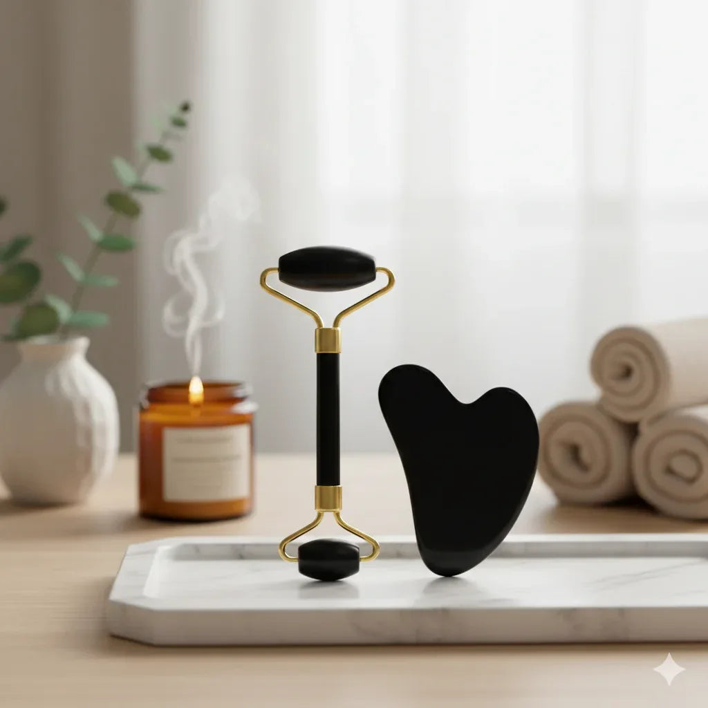 Natural Black Jade Facial Roller & Gua Sha Set | Luxury Skin Detox - Gloow Lady