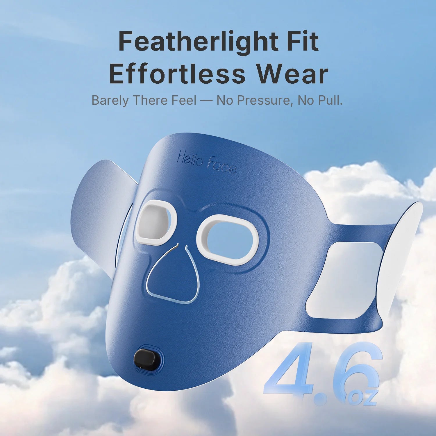 Blue mask with cloud background and text about featherlight fit and effortless wear.