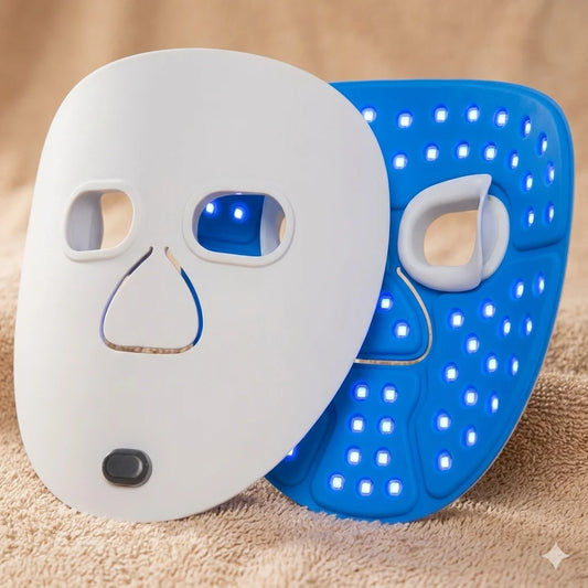 White and blue LED face mask on a beige surface