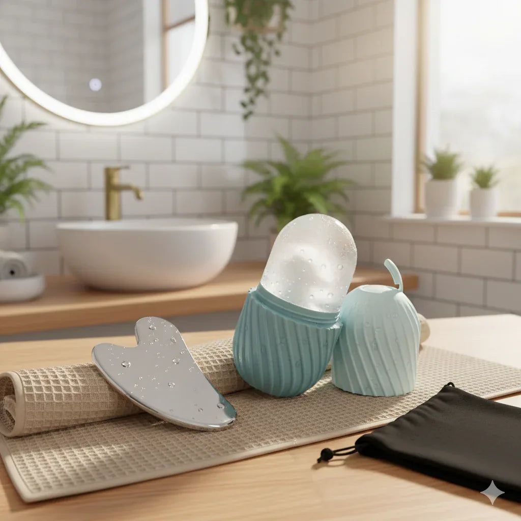 Ice Face Roller & Stainless Steel Gua Sha Set | Cooling Depuffing Tools - Gloow Lady