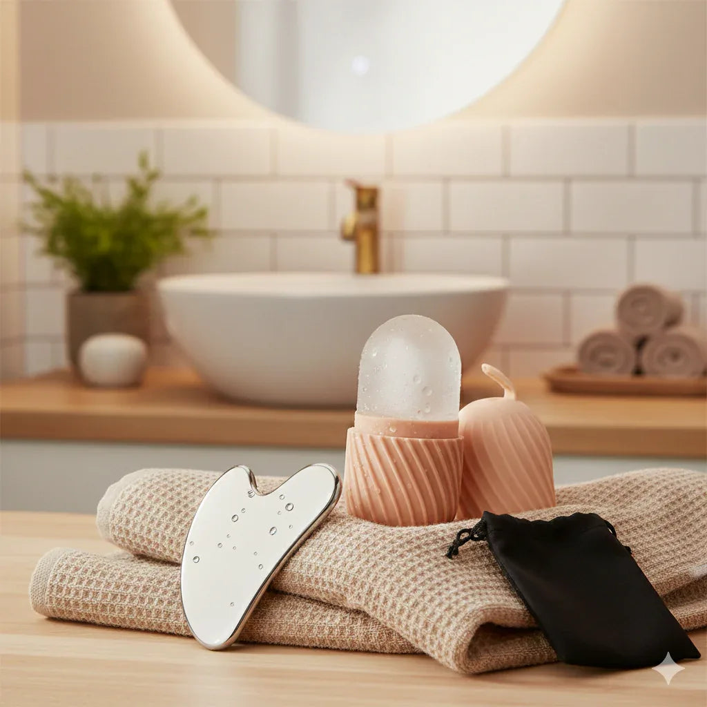 Ice Face Roller & Stainless Steel Gua Sha Set | Cooling Depuffing Tools - Gloow Lady