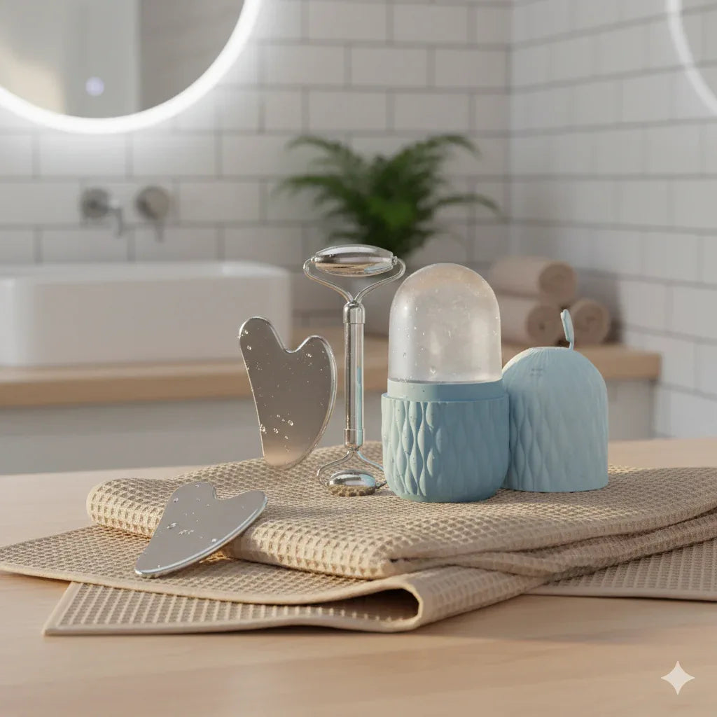 Ice Face Roller & Stainless Steel Gua Sha Set – 2-in-1 Facial Massager Kit for Natural Lifting, Contouring, and Depuffing - Gloow Lady