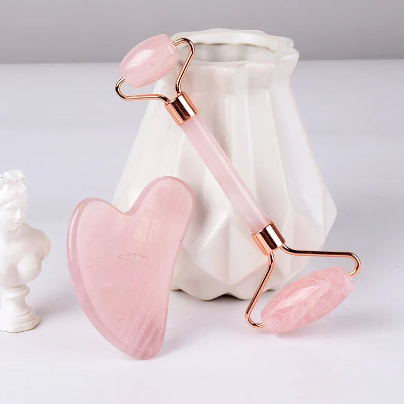 Natural Rose Quartz Face Roller & Gua Sha Set: Professional Skin & Neck Care - Gloow Lady