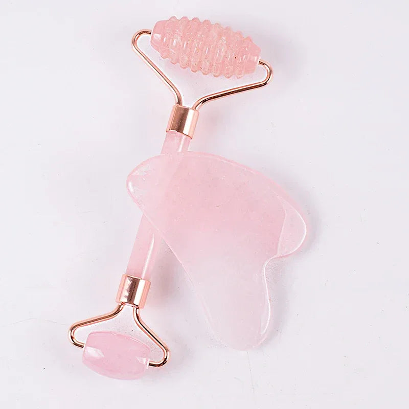 Natural Rose Quartz Face Roller & Gua Sha Set: Professional Skin & Neck Care - Gloow Lady
