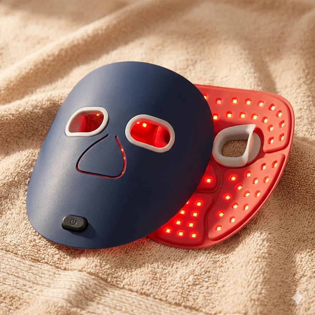 Blue and red LED face mask on a beige towel