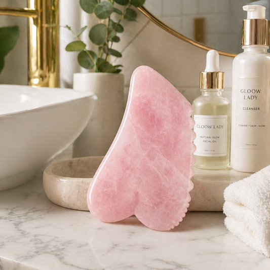 Pink gua sha tool on a bathroom counter with skincare products and decor.