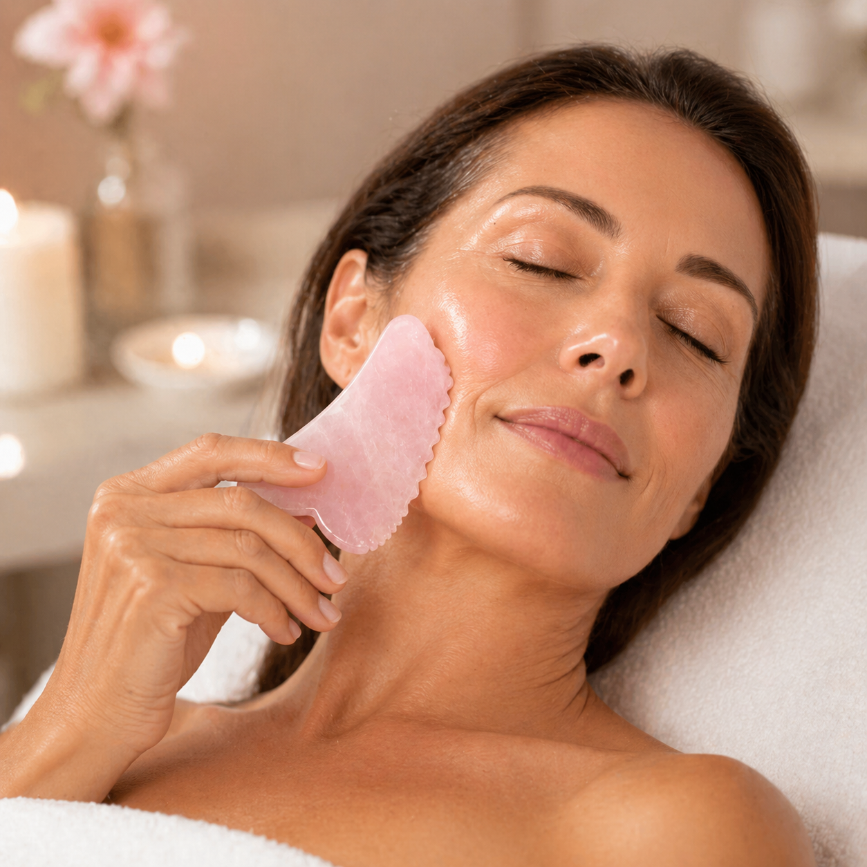Woman using a pink gua sha tool on her face in a spa setting
