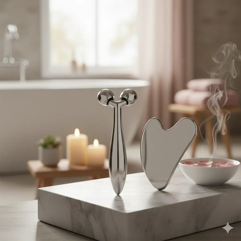 The Sculpt & Soothe Ritual Set – 6-Piece Cryo-Therapy & Stainless Steel Gua Sha Collection - Gloow Lady