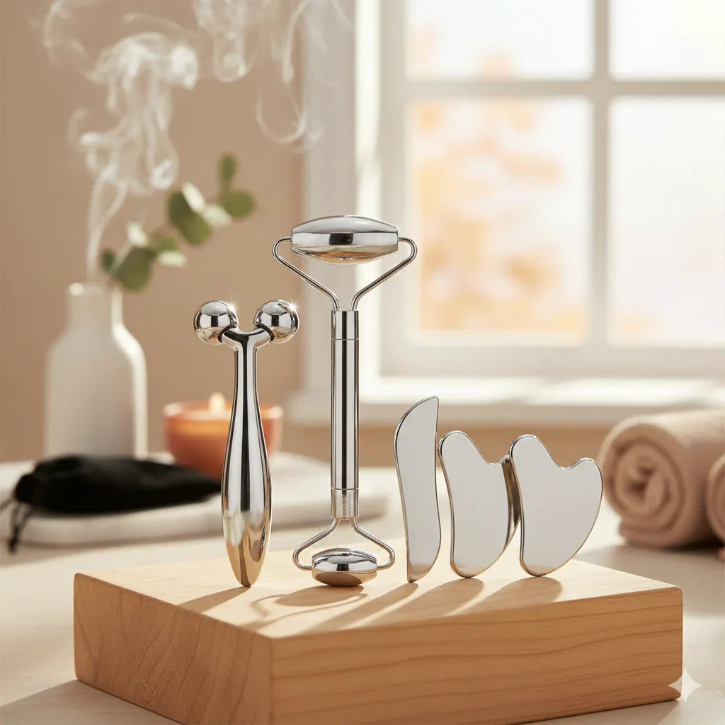 The Sculpt & Soothe Ritual Set – 6-Piece Cryo-Therapy & Stainless Steel Gua Sha Collection - Gloow Lady