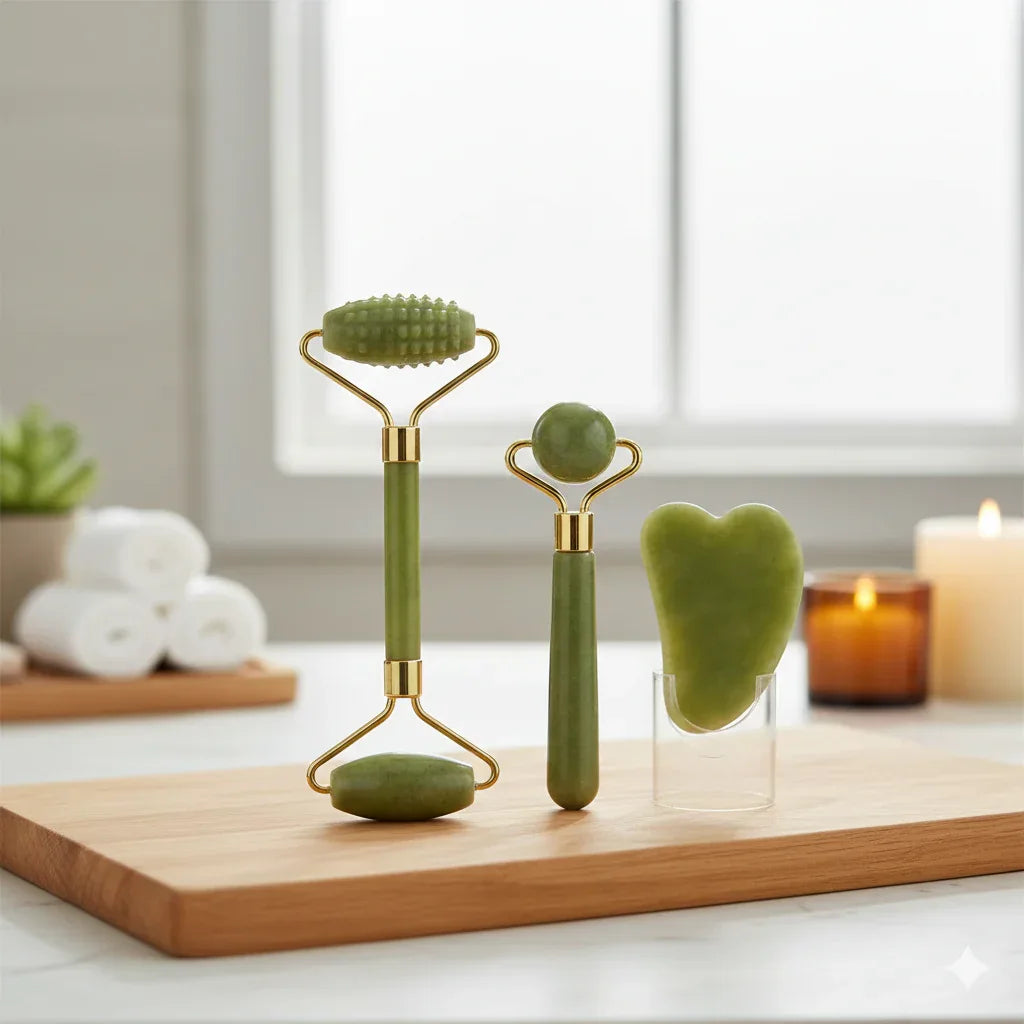 Natural Jade Roller & Gua Sha Set | Face Massage Tool - Gloow Lady