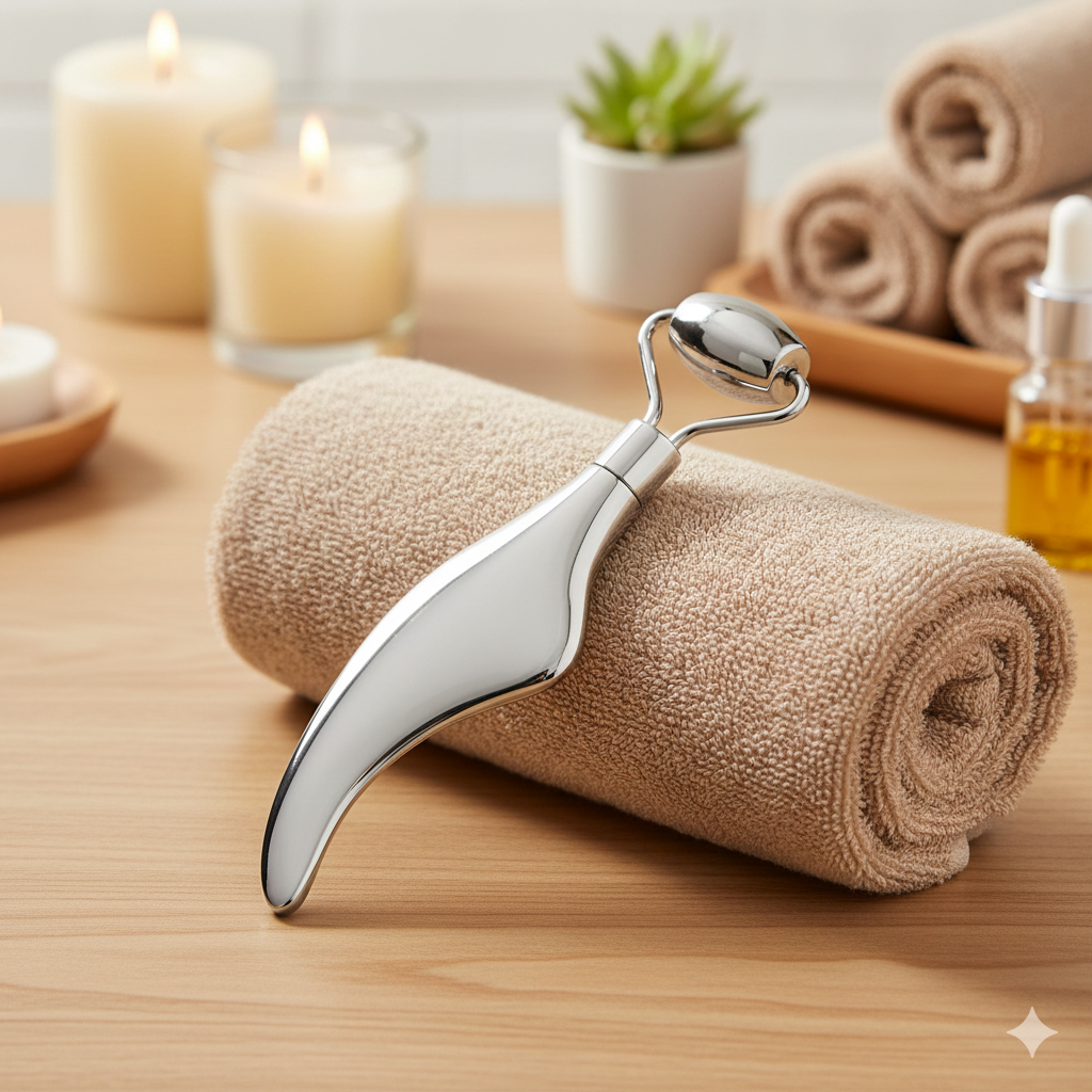 Stainless Steel Facial Roller & Gua Sha Set | Professional Skin Tightening