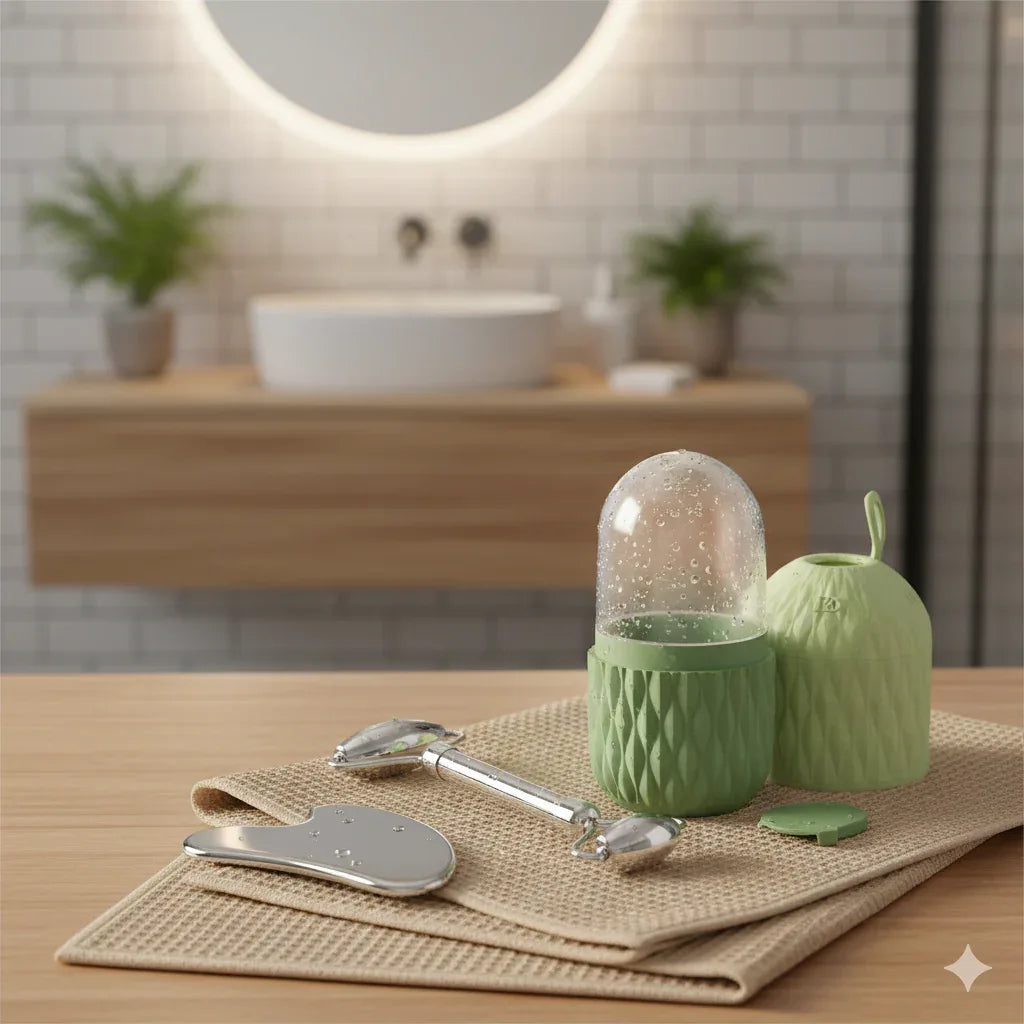 Ice Face Roller & Stainless Steel Gua Sha Set – 2-in-1 Facial Massager Kit for Natural Lifting, Contouring, and Depuffing - Gloow Lady