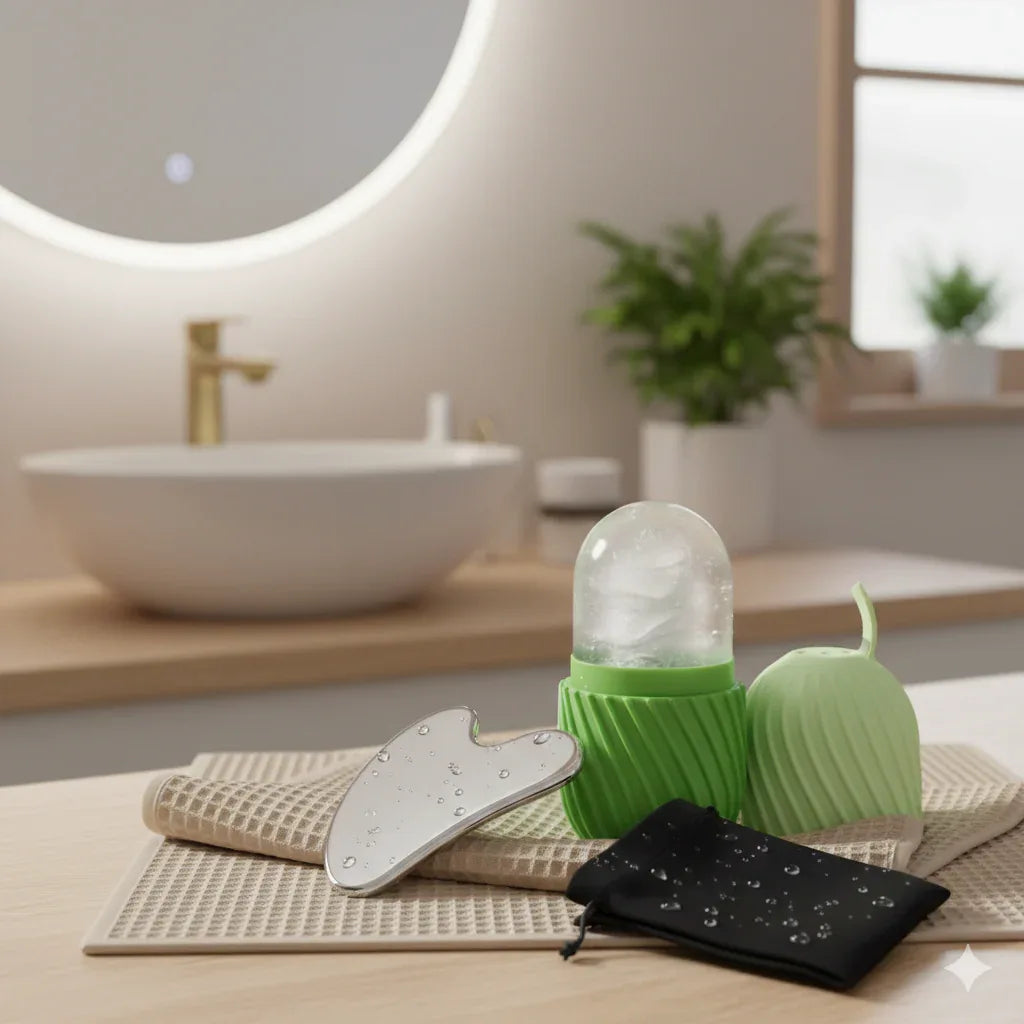 Ice Face Roller & Stainless Steel Gua Sha Set | Cooling Depuffing Tools - Gloow Lady