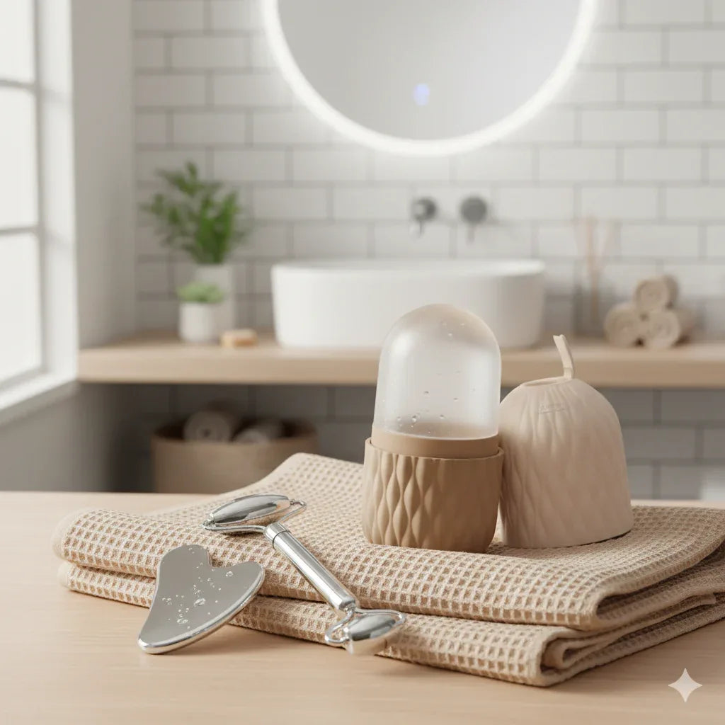 Ice Face Roller & Stainless Steel Gua Sha Set – 2-in-1 Facial Massager Kit for Natural Lifting, Contouring, and Depuffing - Gloow Lady