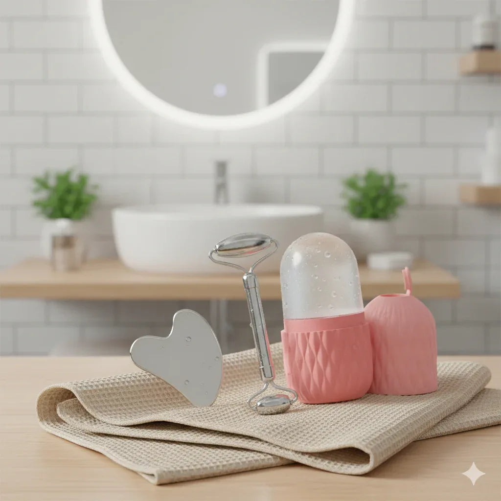 Ice Face Roller & Stainless Steel Gua Sha Set – 2-in-1 Facial Massager Kit for Natural Lifting, Contouring, and Depuffing - Gloow Lady