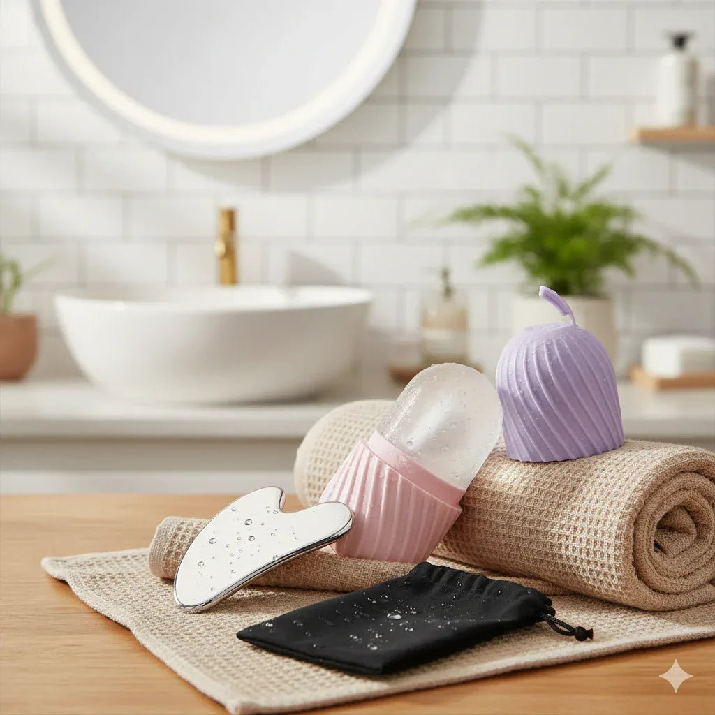 Ice Face Roller & Stainless Steel Gua Sha Set | Cooling Depuffing Tools - Gloow Lady